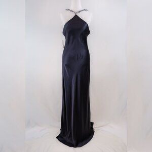 Staud Cadence Pearl Halterneck Satin Maxi Dress, Navy Blue, Size US 6